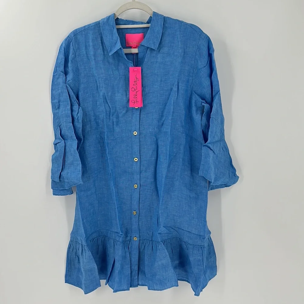 Lilly Pulitzer Women's Linley Collared Coverup in Beckon Blue x Sea Salt Size M - Picture 4 of 10